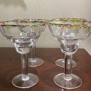 Set of 4, Heavy, Mexican Art Glass, Hand Blown Confetti Margarita Glasses